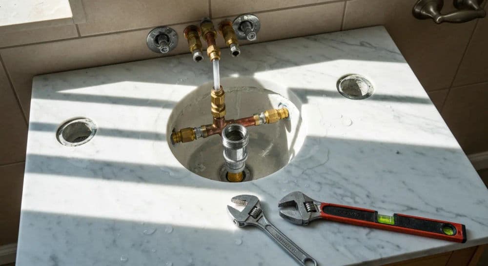 Bathroom sink plumbing setup with adjustable wrenches and water leaks on marble countertop.