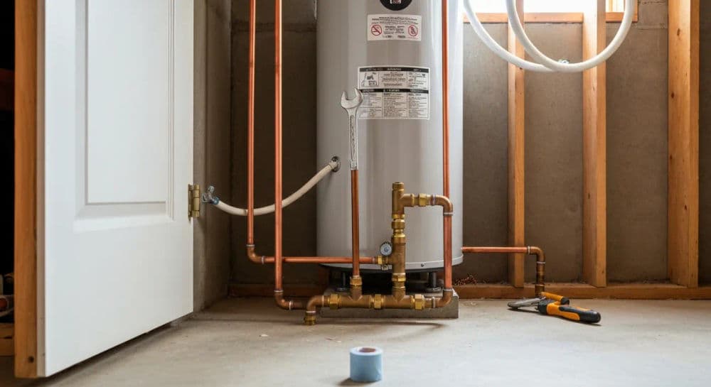 Water heater installation with copper pipes and tools in a basement setting.
